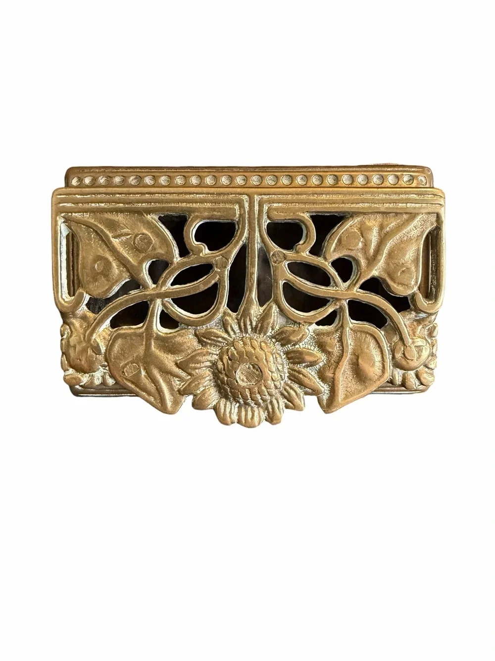 Vintage Brass Sunflower Stamp Box Hinged Desk Organizer Trinket Box